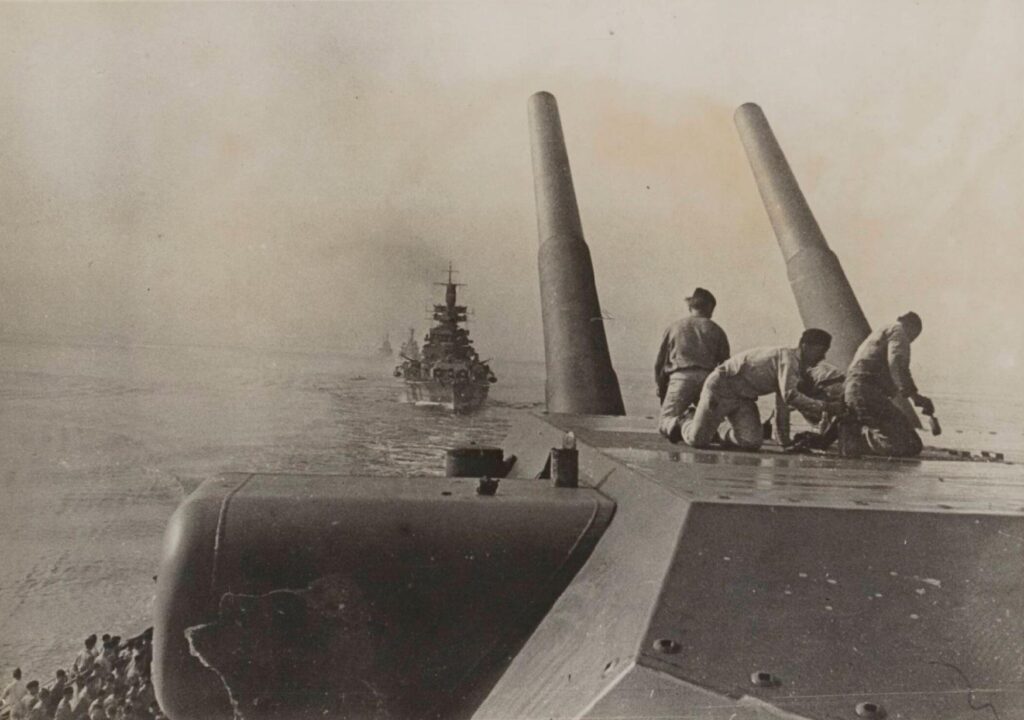 Admiral Scheer seen from behind Tirpitz's Caesar turret