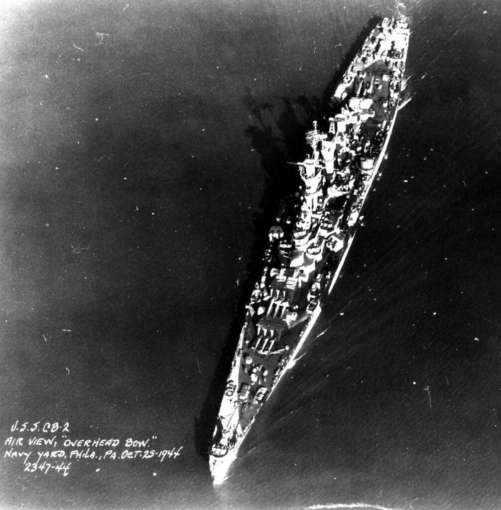 USS Guam (CB-2) aerial port bow view, 25 October 1944