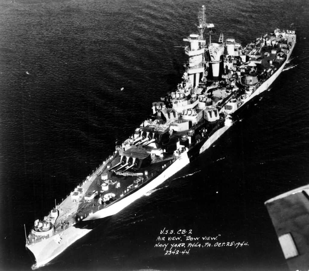 USS Guam (CB-2) aerial port bow view, 25 October 1944