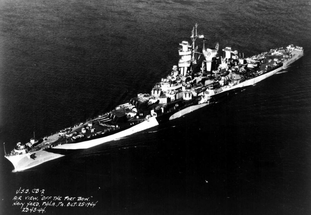 USS Guam (CB-2) aerial port bow view, 25 October 1944