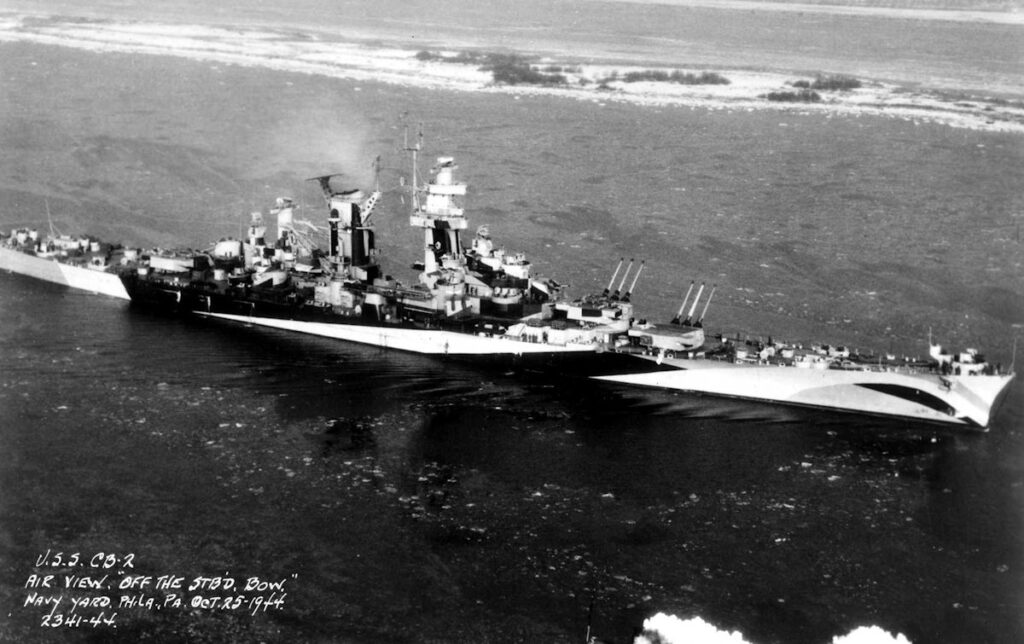 USS Guam aerial starboard bow view, 25 October 1944.