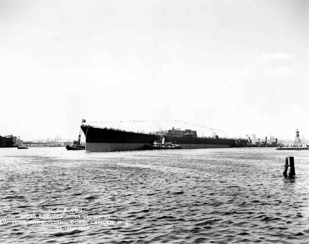 USS Alaska (CB-1) just after sliding down the ways at the New York Shipbuilding Corp