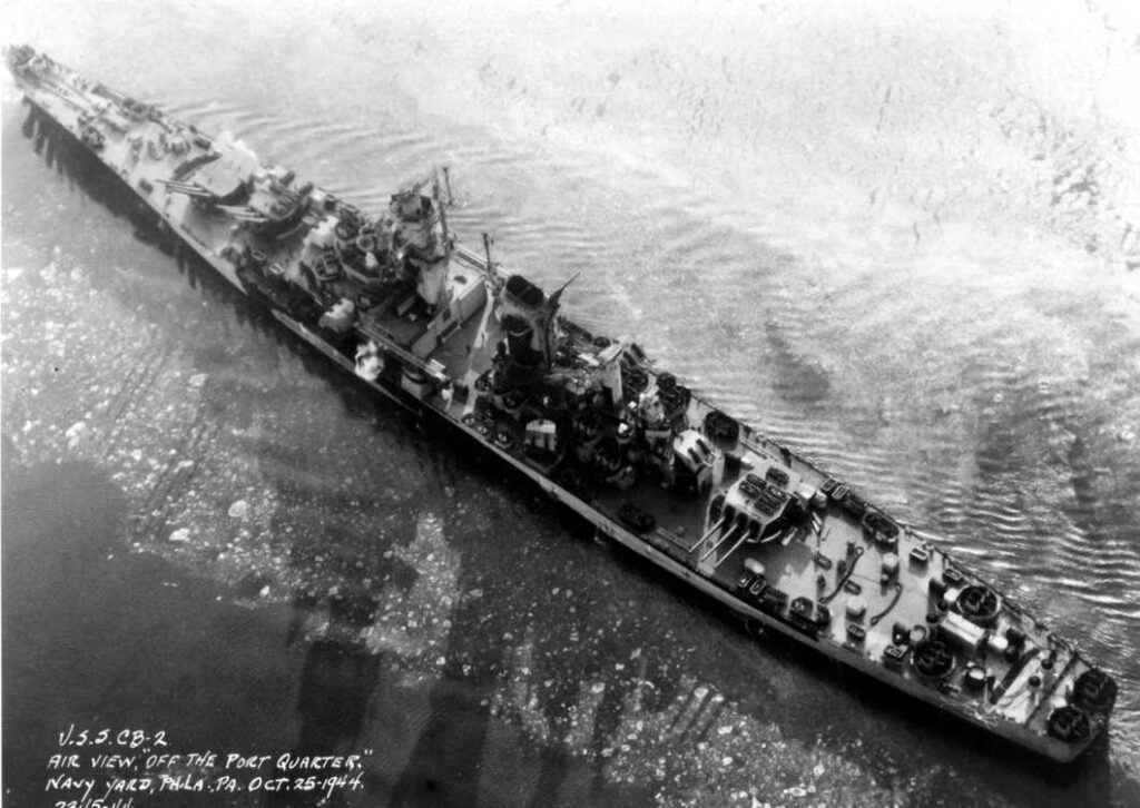 USS Guam (CB-2) Port quarter overhead view, 25 October 1944.