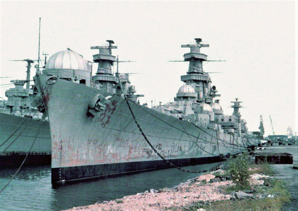 USS Alaska (CB-1) and USS Guam (CB-2) in reserve at Bayonne Naval Supply Depot, circa 1960