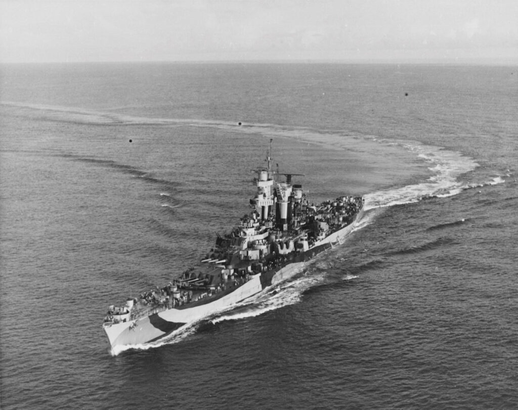 USS Guam (CB-2) Coming out of a turn, circa 1944