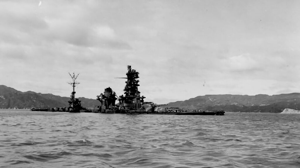 Hyūga sunk in the shallow waters of Hiroshima Bay, 1945, Kure