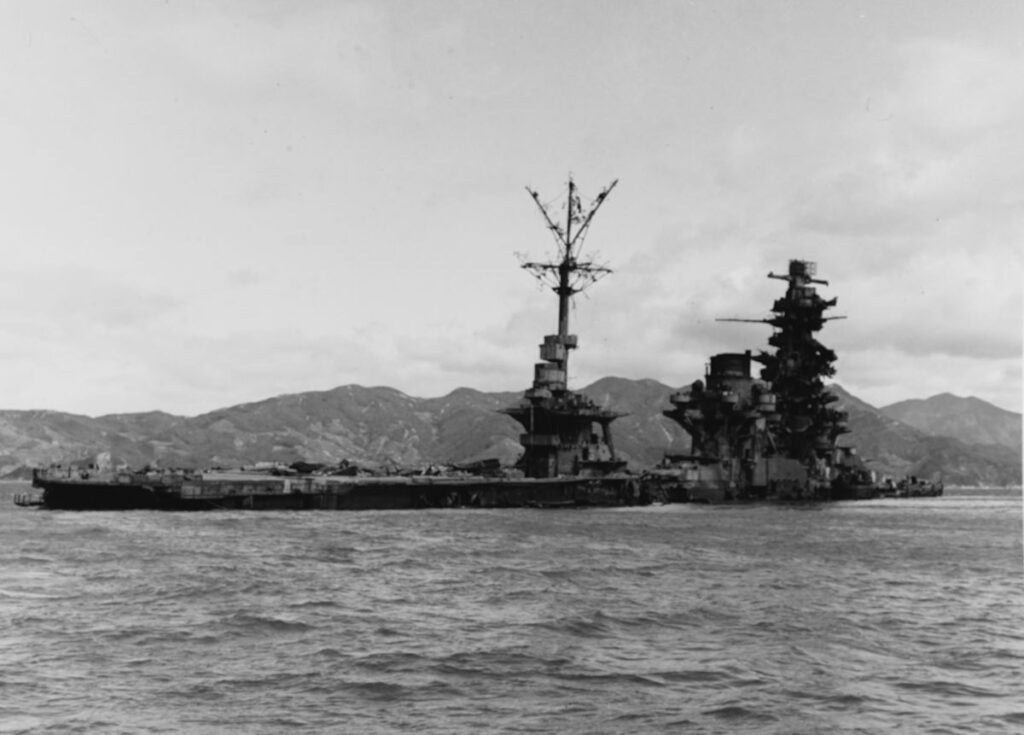 Hyūga sunk in the shallow waters of Hiroshima Bay, 1945, Kure