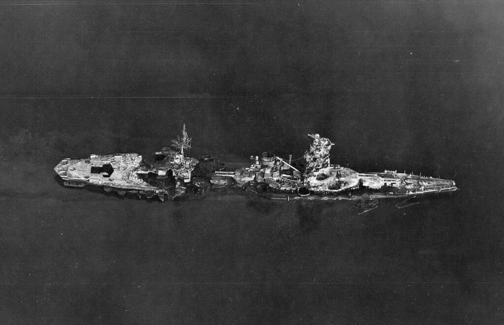 Hyūga sunk in the shallow waters of Hiroshima Bay, 1945, Kure