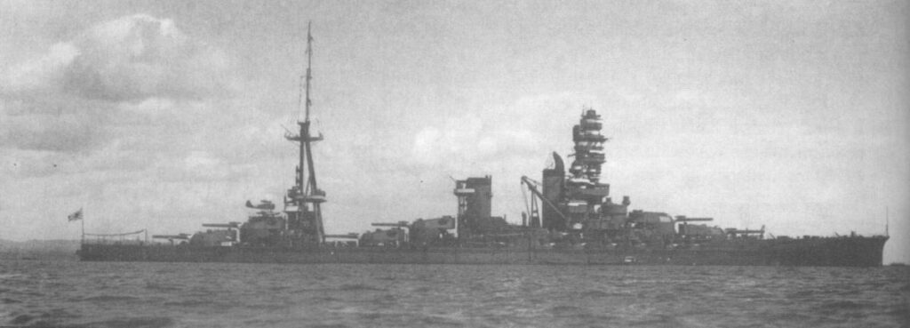 Ise in 1933 with an aircraft catapult on turret 5