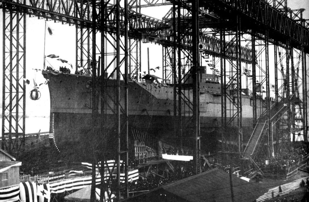 Kirishima is launched from the Mitsubishi shipyard's Ichi-pan-dai construction slip at Nagasaki, Japan on December 1, 1913