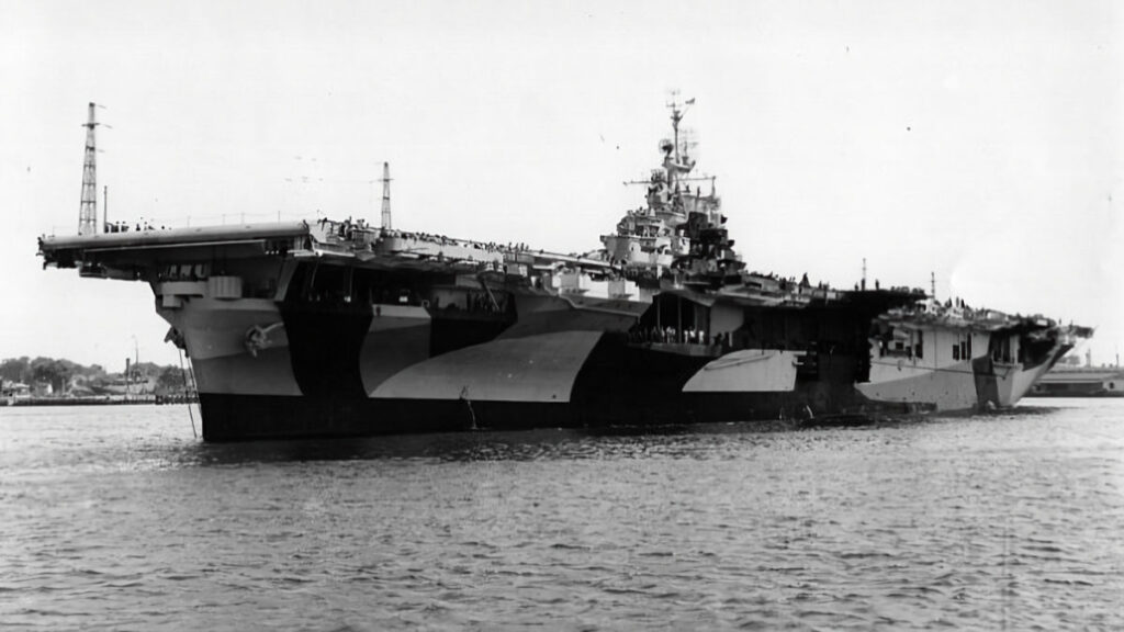 USS Franklin CV-13 at the Norfolk Naval Shipyard, Portsmouth, Virginia. May 4, 1944