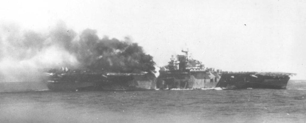 USS Franklin (CV-13) afire after kamikaze hit, 30 October 1944.