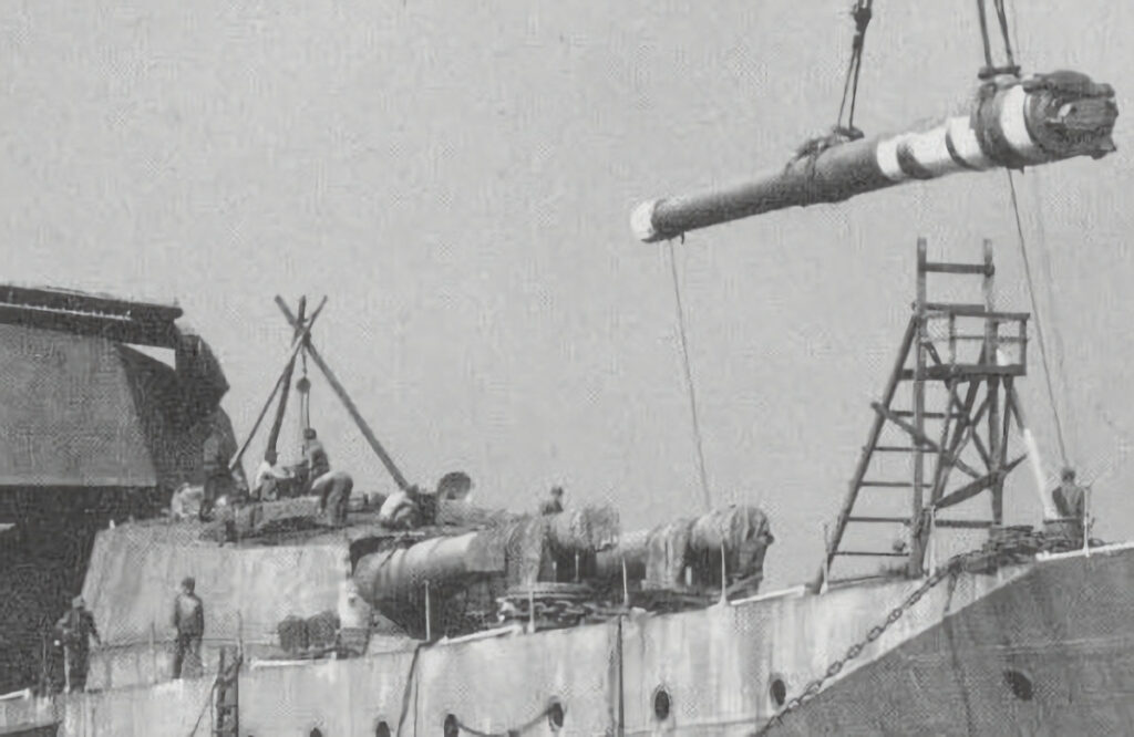 14 inch gun being installed (in the turret at left) on Haruna