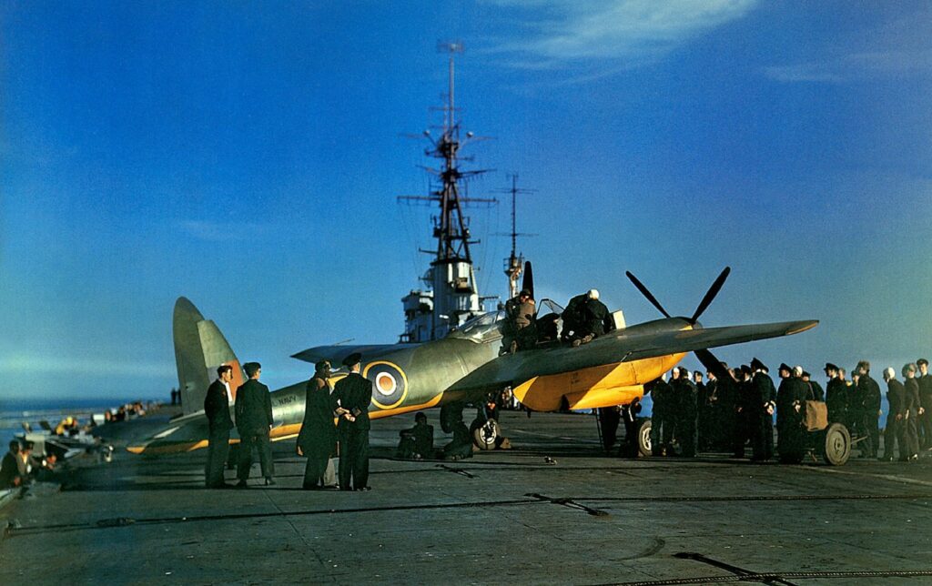 De Havilland Sea Hornet F.20 Prototype during deck landing Trails on HMS Ocean (long range ship-borne fighter)