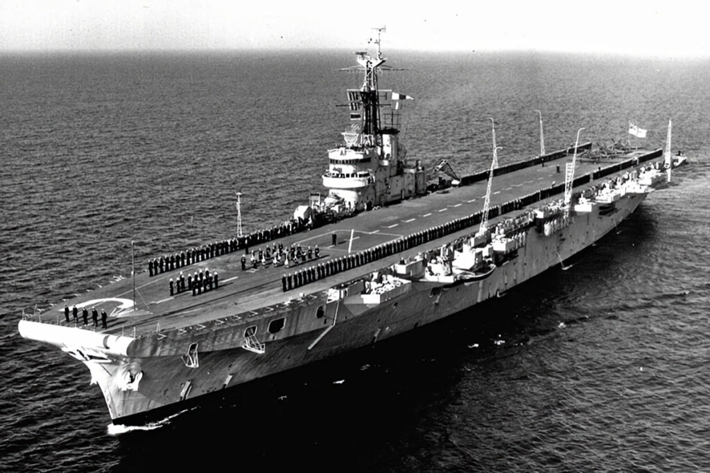 HMS Warrior leaving Plymouth Sound bound for the Far East 1953