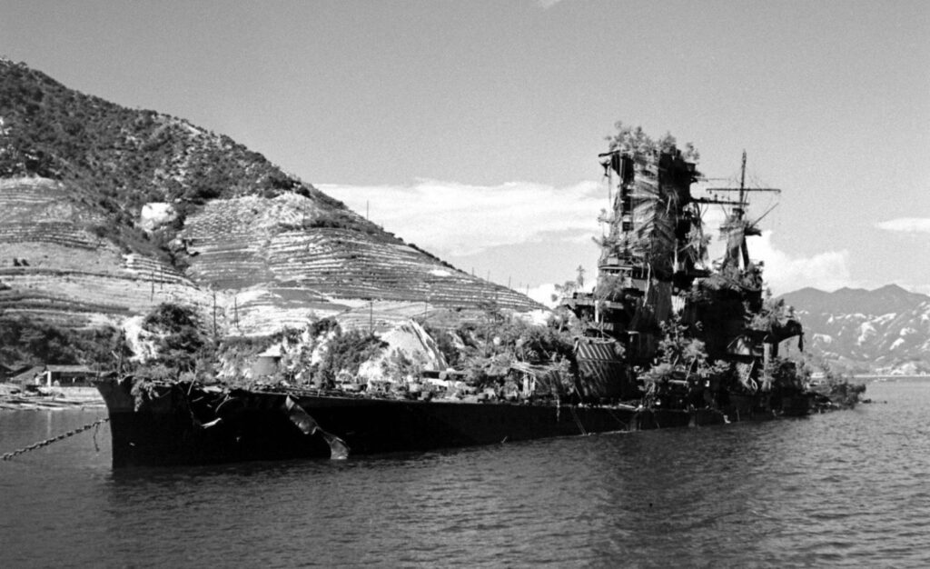 Haruna Sunk at her moorings following the Kure raids on July 28th, 1945. Taken after the war, these late 1945