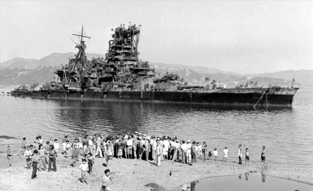 Haruna Sunk at her moorings following the Kure raids on July 28th, 1945. Taken after the war, these late 1945