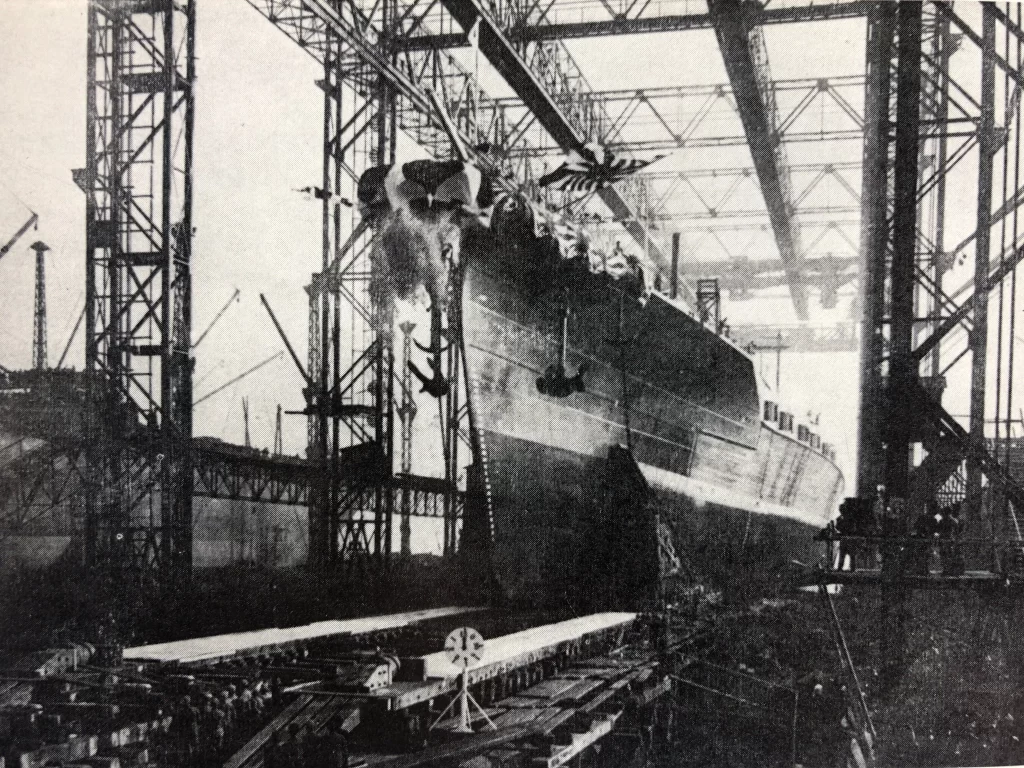 IJN Kaga sliding down the slipway