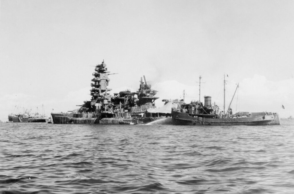 Nagato pictured at anchor, probably at Yokosuka Naval Base