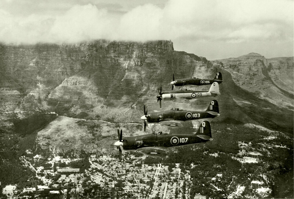 Hawker Sea Fury FB II's from 802 Sqn. in formation during HMS Vengeance visit to C.T. in Nov. 1948