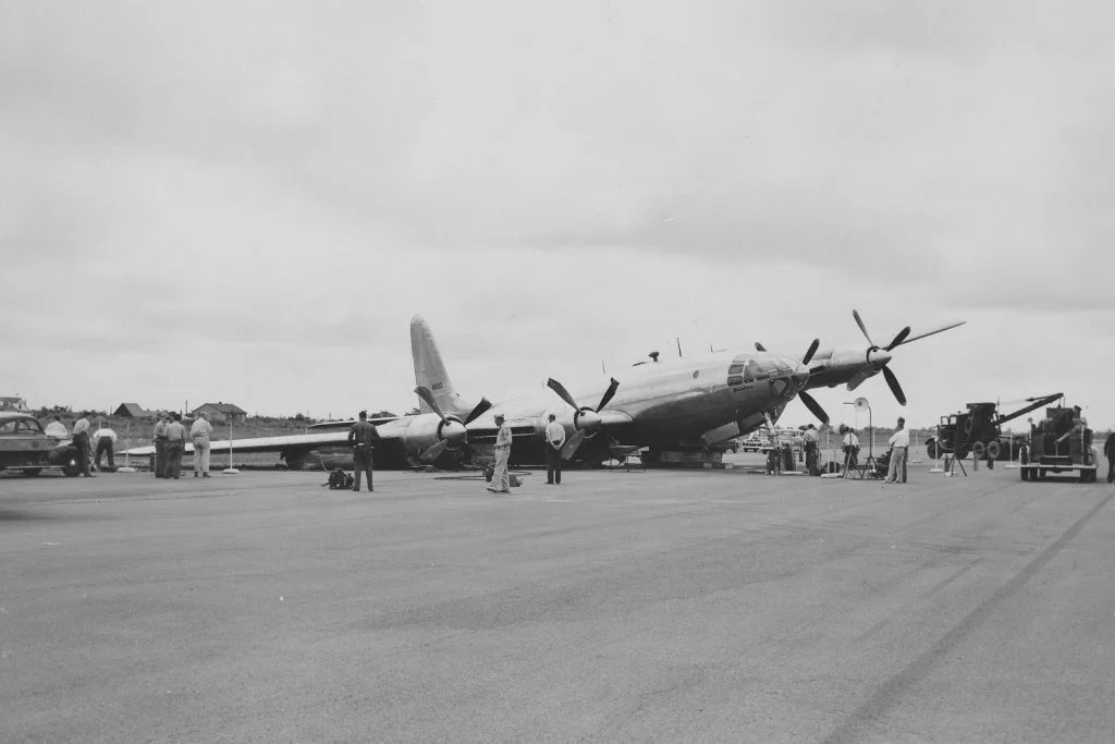 The first Republic XF-12 Rainbow prototype after crash-landing with two out of three gear down. It was later repaired and put back into the air