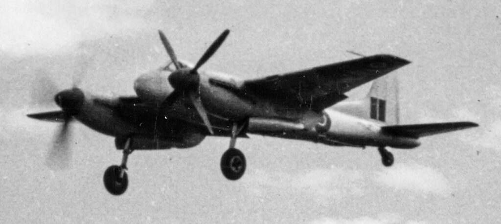 de Havilland Sea Hornet F.20 with No. 1 engine shutdown and the prop feathered