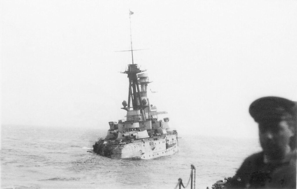 Alfonso XIII, later renamed España, sinking after hitting mine on April 30, 1937