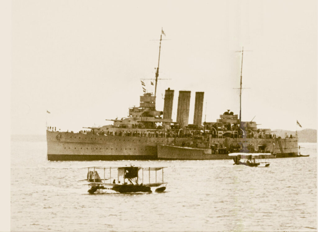 HMAS Canberra, with HMAS Stalwart alongside, in January 1930 with Supermarine Seagull IIIs