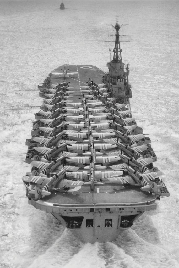 HMS Ocean with Fairey Fireflies and Hawker Sea Furies on deck