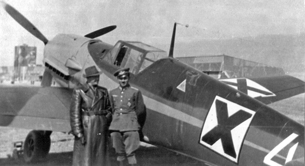 Messerschmitt Bf 109E-7 Bulgarian Air Force at the Balchik airfield 1943 Lieutenant Stoyan Stoyanov (in uniform)