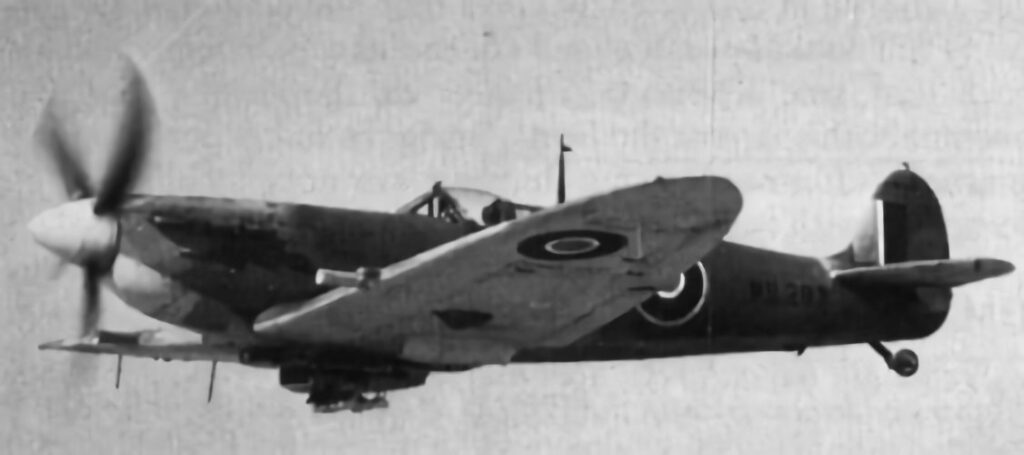 Supermarine Seafire L Mk IIC (MB293) seen with practice bombs on centreline rack during trials at the A&AEE in the spring of 1944