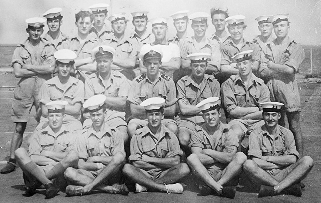 Vindex's signals team, of 23 men, Feb 1946, Sydney, at start of 3 month refit; Eric Soper's photo (front center)