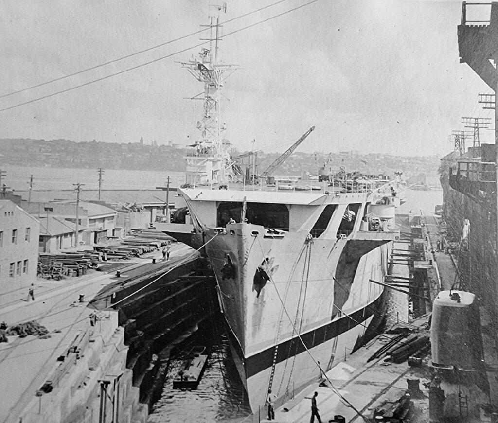 HMS Vindex in dry dock, Cockatoo Island, Sydney from 1 April 1946