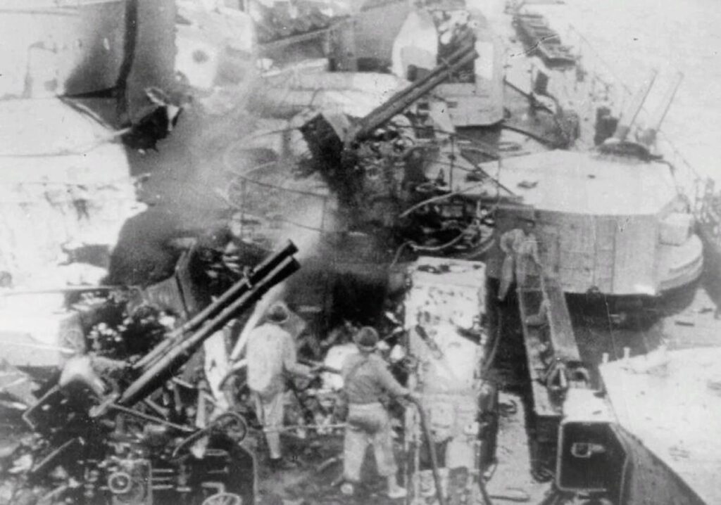 Giulio Cesare after a hit from the HMS Warspite during the Battle of Calabria, 9 July 1940