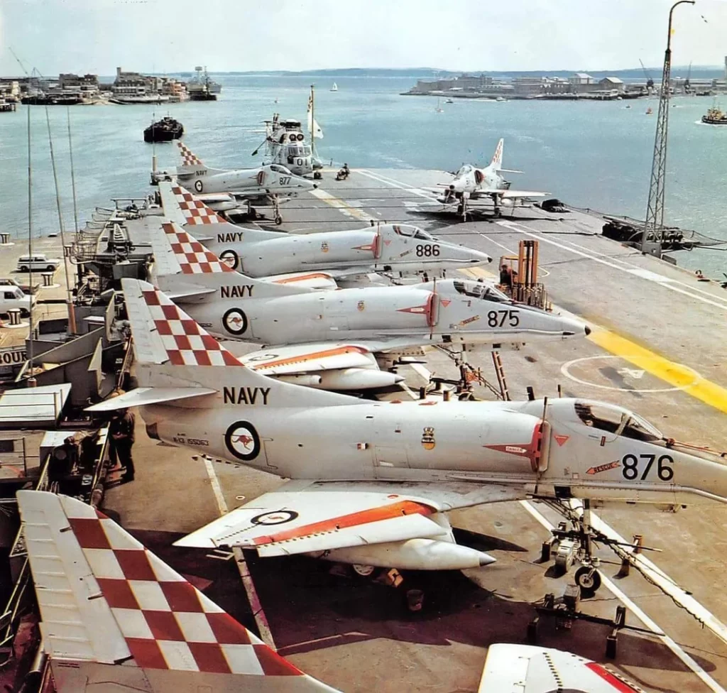 Douglas A-4 Skyhawks and a Westland Sea king aboard HMAS Melbourne