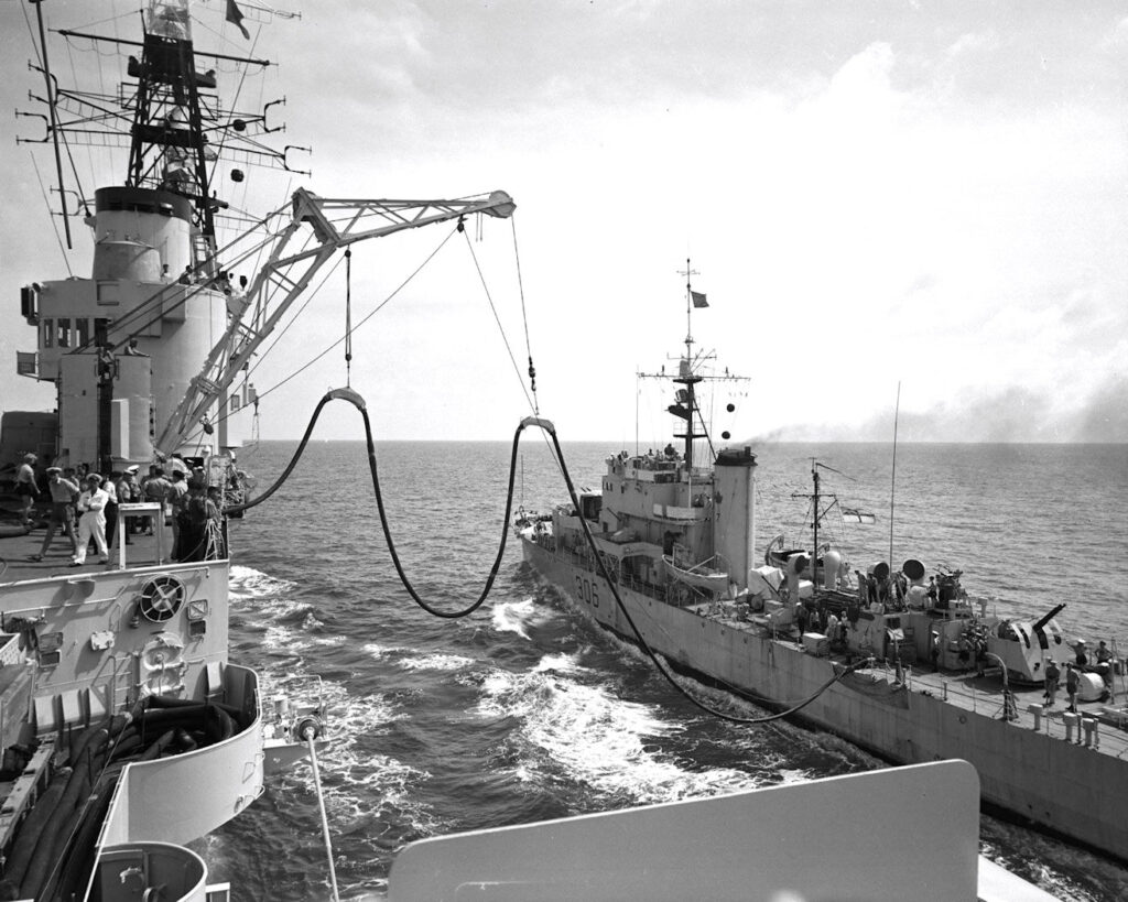 HMCS Bonaventure and HMCS Swansea, pictured on 18 May 1959