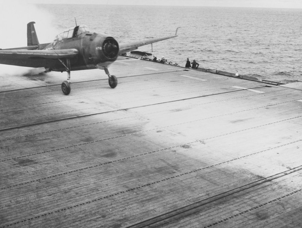 Grumman TBF Avenger with jet assisted take off, from the deck of USS Altamaha (CVE-18), on 1 March 1944.