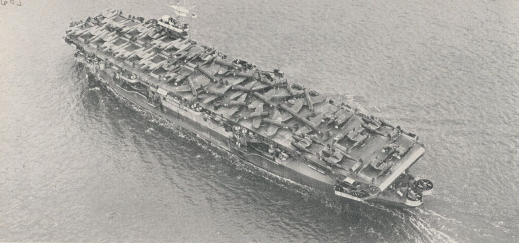 USS Barnes (ACV-20), 1 July 1943 transporting P-47 Thunderbolt and P-38 Lightning fighters