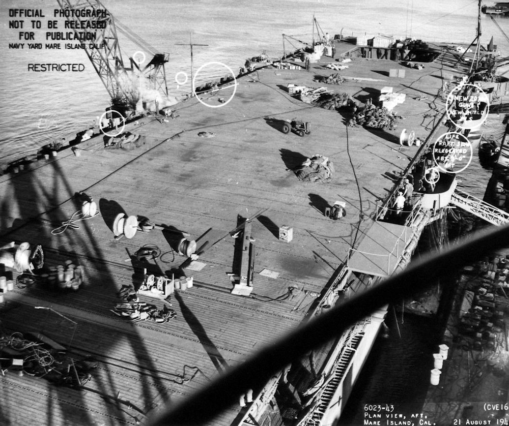 Aft plan view of USS Nassau (CVE-16) at Mare Island Navy Yard on 21 Aug 1943