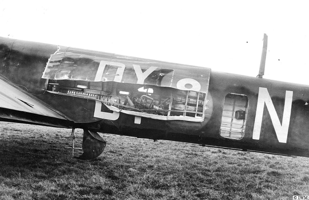 Armstrong Whitworth Whitley Mark V, P5005 DY-N from 102 Squadron, after returning from a bombing raid to the Ruhr on the night of 12-13 November 1940