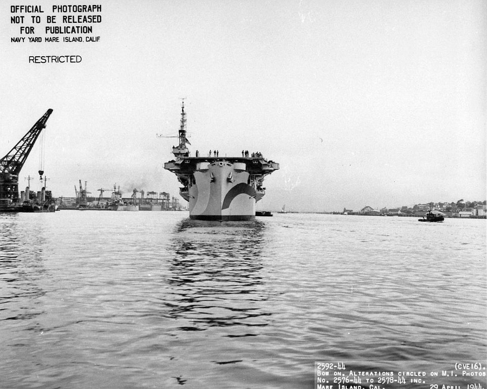 Bow on view of USS Nassau (CVE-16) departing Mare Island on 29 April 1944