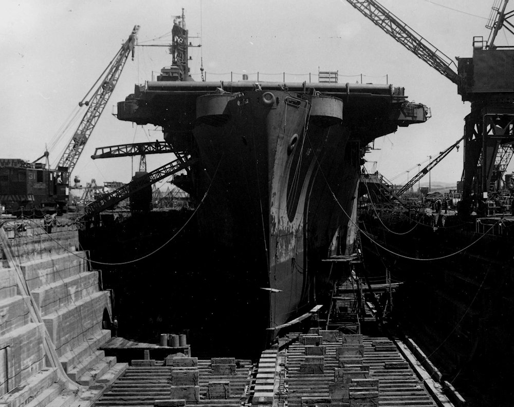 Bow view of USS Nassau (CVE-16), 2 August 1943, Mare Island, California