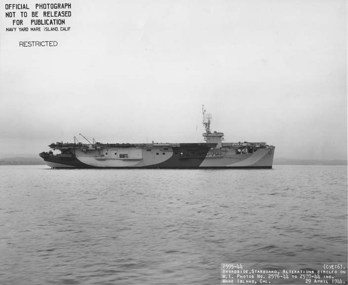 Broadside, starboard view of USS Nassau (CVE-16) departing Mare Island on 29 April 1944