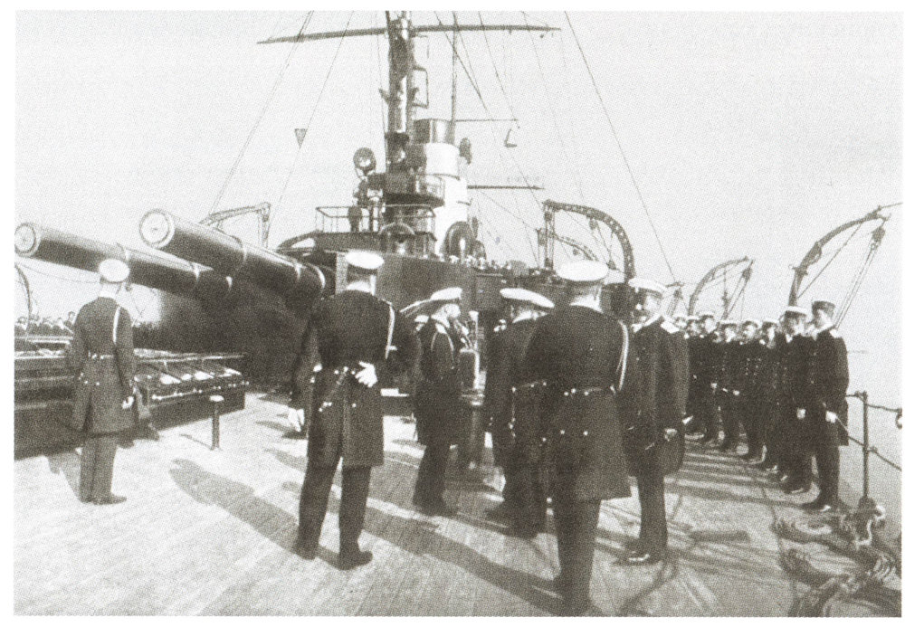 Emperor Nicholas II gives instructions to the 2nd Pacific Squadron led by Vice-Admiral Z.P. Rozhestvensky, Kronstadt, 1904 on board Knyaz Suvorov