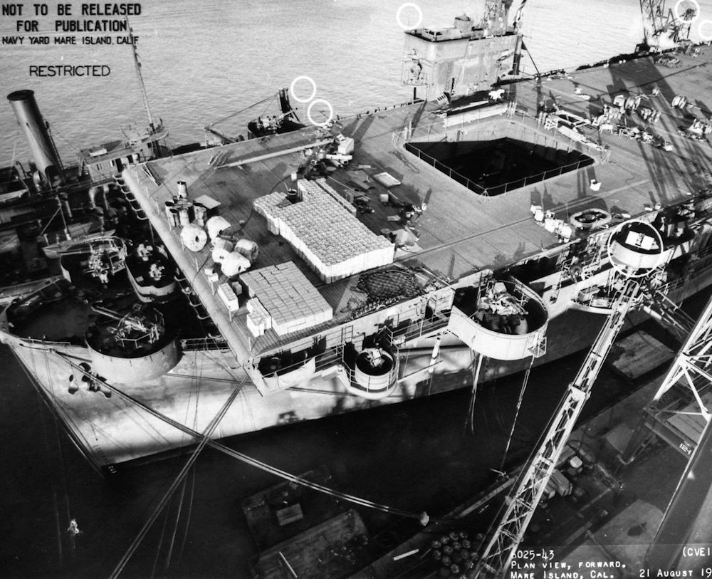 Forward plan view of USS Nassau (CVE-16) at Mare Island Navy Yard on 21 Aug 1943