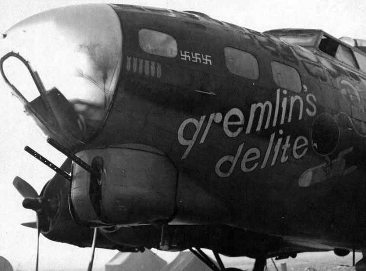 Boeing B-17F-75-DL s/n 42-3522 Gremlins Delight of the 337BS 96BG [coded AWJ] from 27/9/43 transferred to the 533BS 381BG [coded VP-L] on 9/7/44. Returned to the US and scrapped post-war.