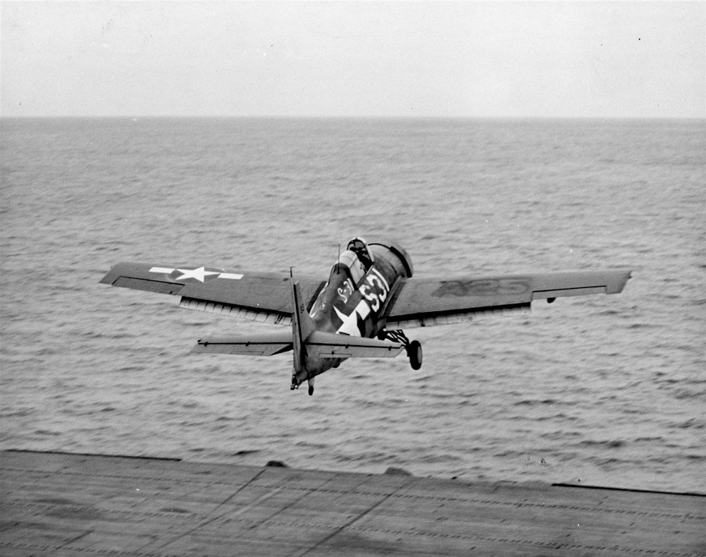 Grumman F4F Wildcat launching from USS Nassau, 1943