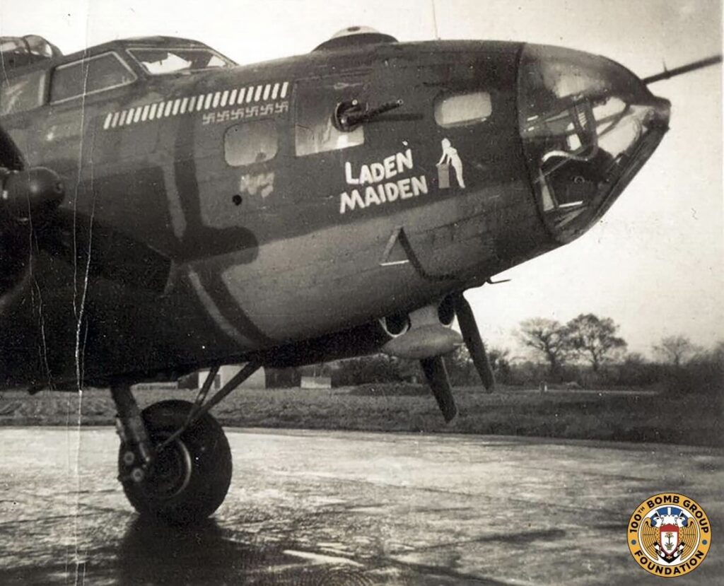 Boeing B-17F-30-VE Laden Maiden Assigned 349BS/100BG [XR-J] Thorper Abbotts 8/6/43 STUD DUCK; renamed before crash landed base with Owen Roane (10 Returned to Duty) u/c collapsed 2/8/43; Missing in Action Ludwigshafen 30/12/43 hit by three FW 190s , crashed Liry, 28 miles E of Rheims 8 Killed in Action); Navigator: Leon McChesney, Bombardier: Chas Compton evaded capture