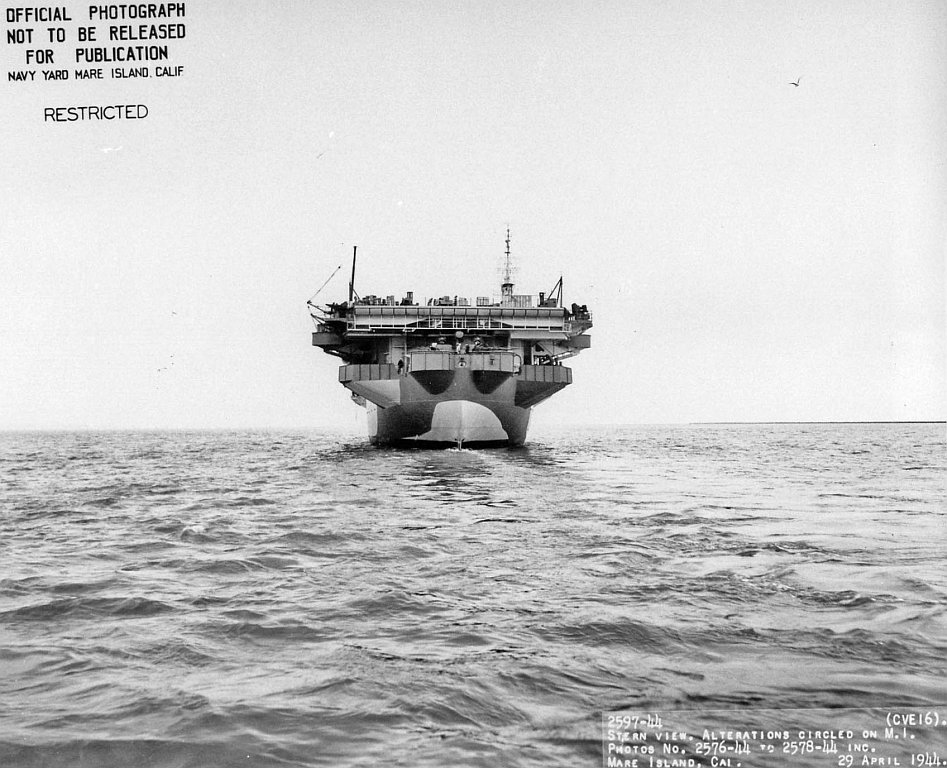 Stern view of USS Nassau (CVE-16) departing Mare Island on 29 April 1944