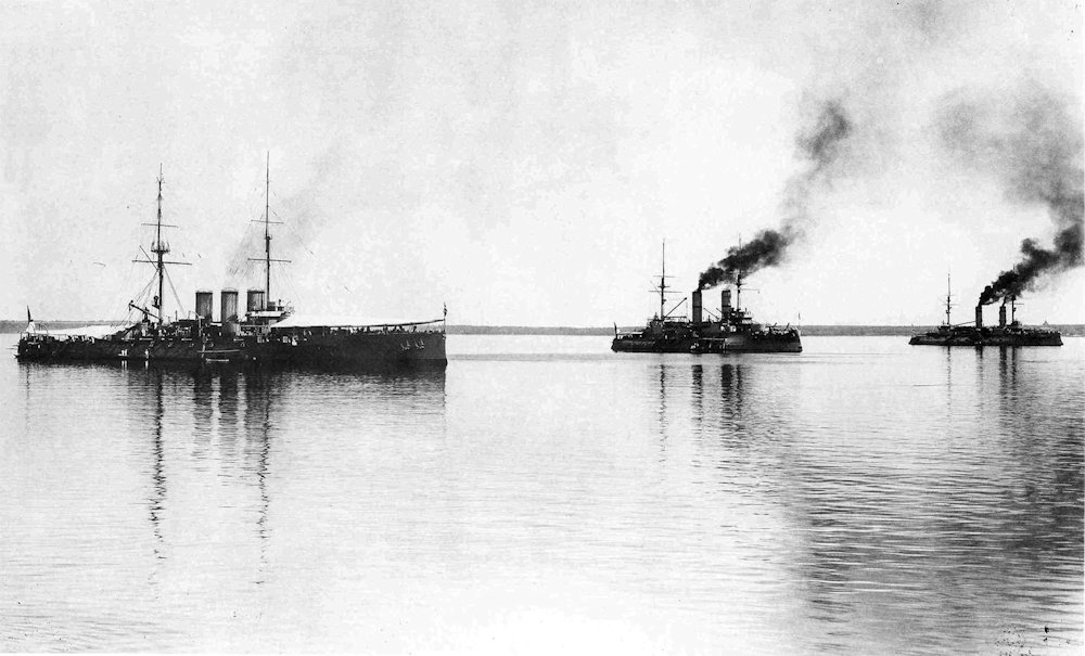 The armoured cruiser Ryurik, and battleships Slava and Tsesarevich